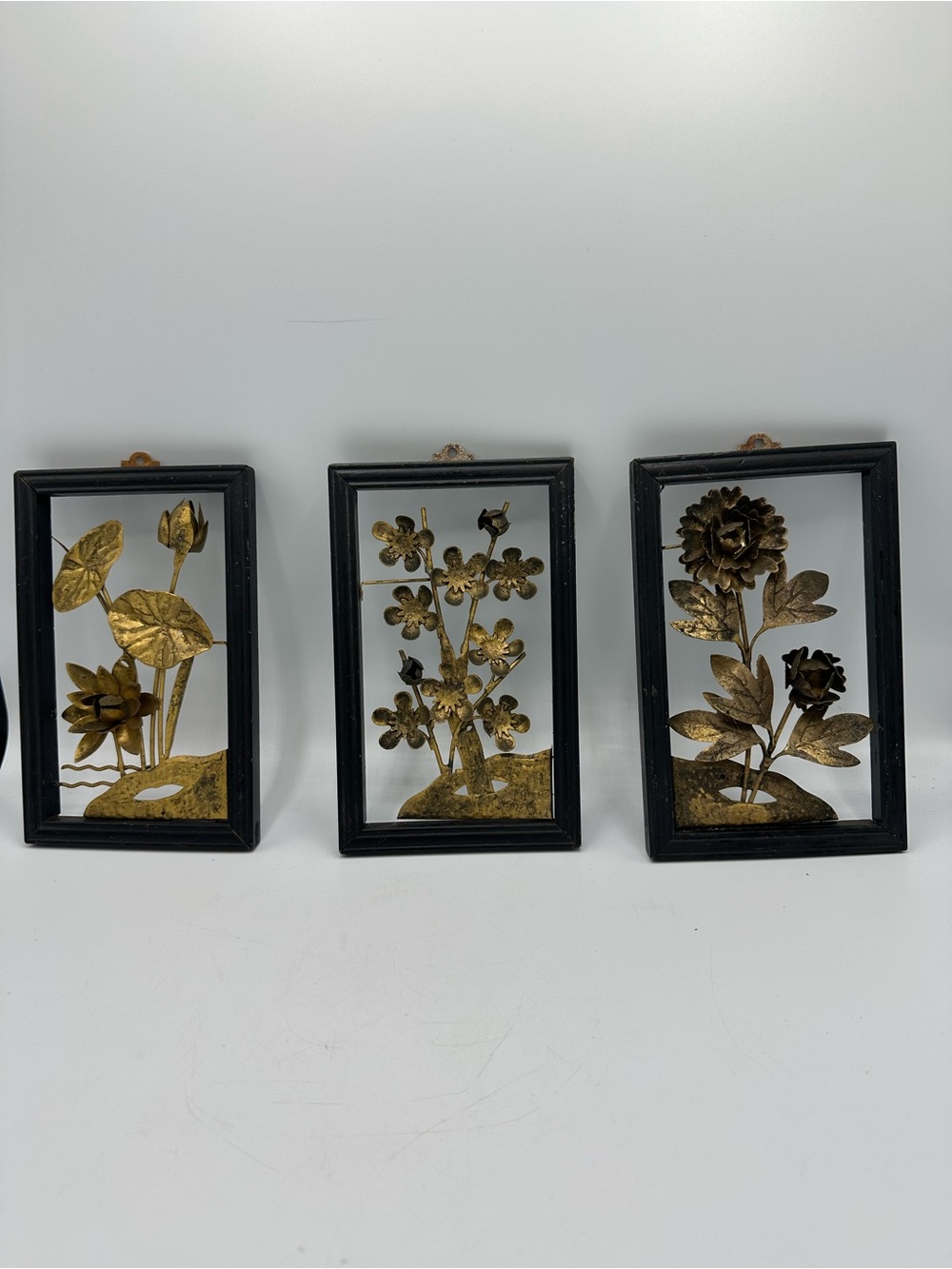 Vtg MCM Metal Sculpture Flowers Framed 3D Wall Art Hong Kong 5x8” Qty 3